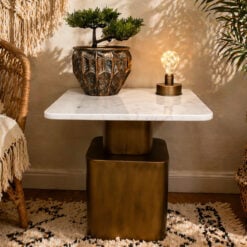Boho Antique Gold Metal And White Marble Square Side Table