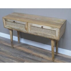 Boho Rustic Solid Light Acacia Wood And Rattan 2 Drawer Desk Dressing Console Table 120cm
