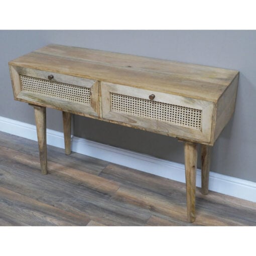 Boho Rustic Solid Light Acacia Wood And Rattan 2 Drawer Desk Dressing Console Table 120cm