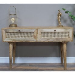 Boho Rustic Solid Light Acacia Wood And Rattan 2 Drawer Desk Dressing Console Table 120cm