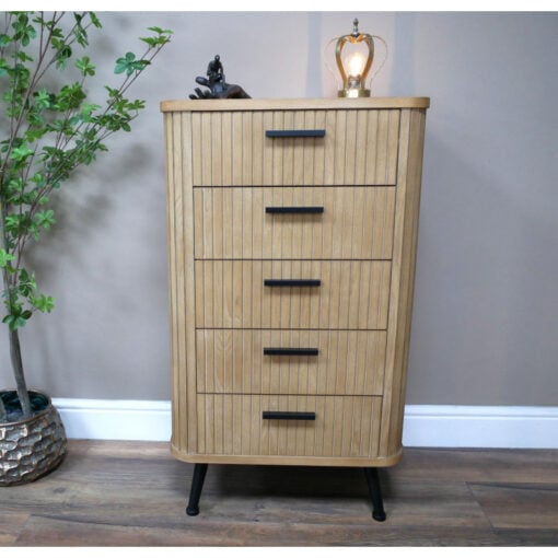 Boho Rustic Solid Light Fir Wood And Black Metal Five Drawer Carved Tallboy Chest Of Drawers