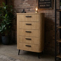 Boho Rustic Solid Light Fir Wood And Black Metal Five Drawer Carved Tallboy Chest Of Drawers
