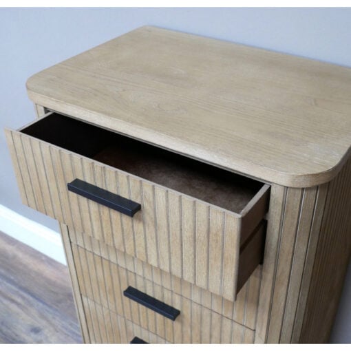 Boho Rustic Solid Light Fir Wood And Black Metal Five Drawer Carved Tallboy Chest Of Drawers
