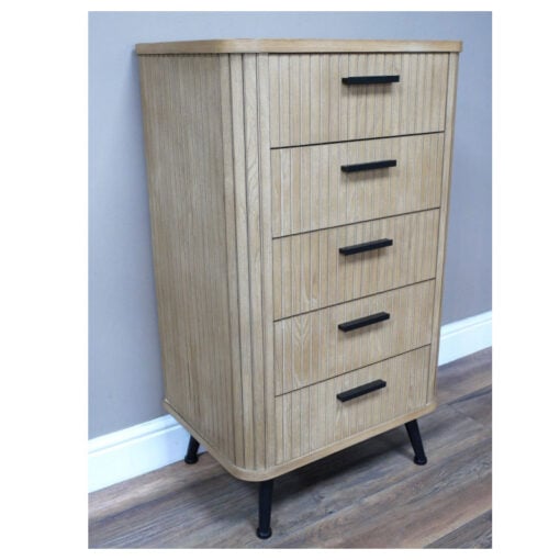 Boho Rustic Solid Light Fir Wood And Black Metal Five Drawer Carved Tallboy Chest Of Drawers