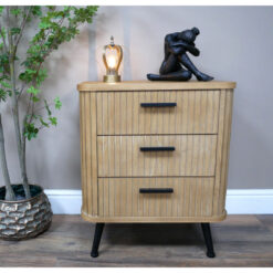 Boho Rustic Solid Light Fir Wood And Black Metal Three Drawer Carved Slatted Bedside Cabinet
