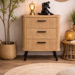 Boho Rustic Solid Light Fir Wood And Black Metal Three Drawer Carved Slatted Bedside Cabinet