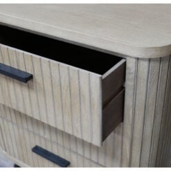 Boho Rustic Solid Light Fir Wood And Black Metal Three Drawer Carved Slatted Bedside Cabinet