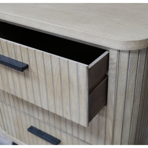 Boho Rustic Solid Light Fir Wood And Black Metal Three Drawer Carved Slatted Bedside Cabinet