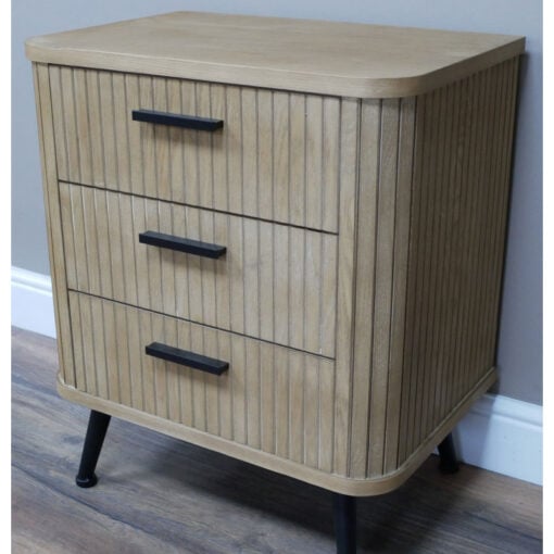 Boho Rustic Solid Light Fir Wood And Black Metal Three Drawer Carved Slatted Bedside Cabinet
