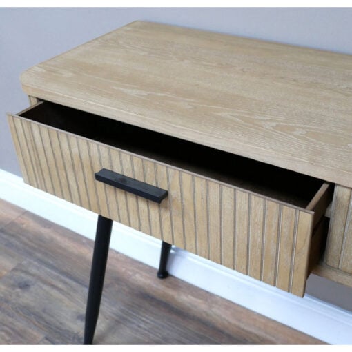 Boho Rustic Solid Light Fir Wood And Black Metal Two Drawer Carved Desk Dressing Console Table 120cm