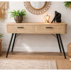 Boho Rustic Solid Light Fir Wood And Black Metal Two Drawer Carved Desk Dressing Console Table 120cm