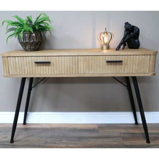 Boho Rustic Solid Light Fir Wood And Black Metal Two Drawer Carved Desk Dressing Console Table 120cm