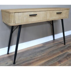 Boho Rustic Solid Light Fir Wood And Black Metal Two Drawer Carved Desk Dressing Console Table 120cm