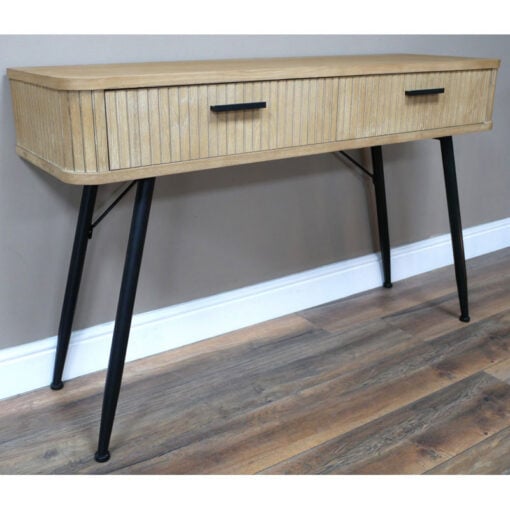 Boho Rustic Solid Light Fir Wood And Black Metal Two Drawer Carved Desk Dressing Console Table 120cm