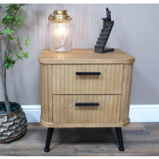 Boho Rustic Solid Light Fir Wood And Black Metal Two Drawer Carved Slatted Bedside Cabinet
