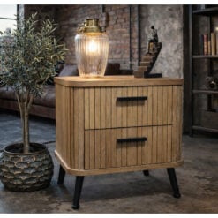 Boho Rustic Solid Light Fir Wood And Black Metal Two Drawer Carved Slatted Bedside Cabinet