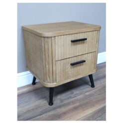 Boho Rustic Solid Light Fir Wood And Black Metal Two Drawer Carved Slatted Bedside Cabinet