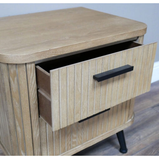 Boho Rustic Solid Light Fir Wood And Black Metal Two Drawer Carved Slatted Bedside Cabinet