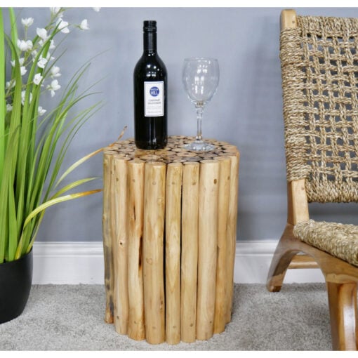 Boho Rustic Solid Light Teak Drift Wood Round Side Table Stool