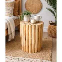 Boho Rustic Solid Light Teak Drift Wood Round Side Table Stool