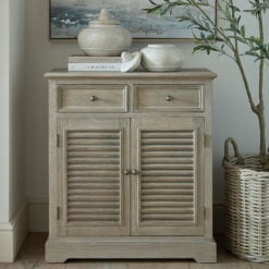 Hamptons Rustic Country Farmhouse 2 Drawer 2 Shutter Door Solid Light Wood Small Sideboard Cabinet 73cm