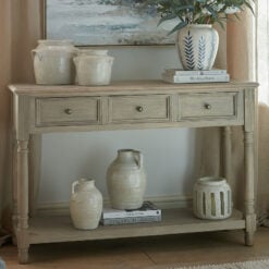 Hamptons Rustic Country Farmhouse 3 Drawer 2 Tier Solid Light Wood Large Console Table With Carved Legs 120cm