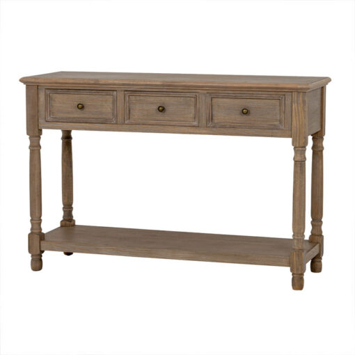 Hamptons Rustic Country Farmhouse 3 Drawer 2 Tier Solid Light Wood Large Console Table With Carved Legs 120cm