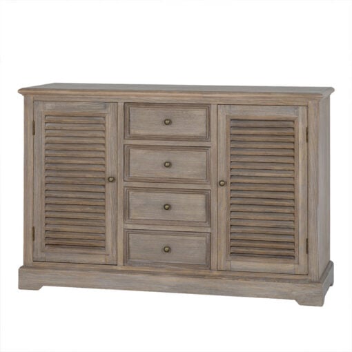 Hamptons Rustic Country Farmhouse 4 Drawer 2 Shutter Door Solid Light Wood Sideboard 122cm