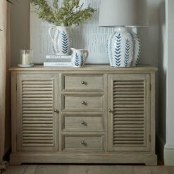 Hamptons Rustic Country Farmhouse 4 Drawer 2 Shutter Door Solid Light Wood Sideboard 122cm