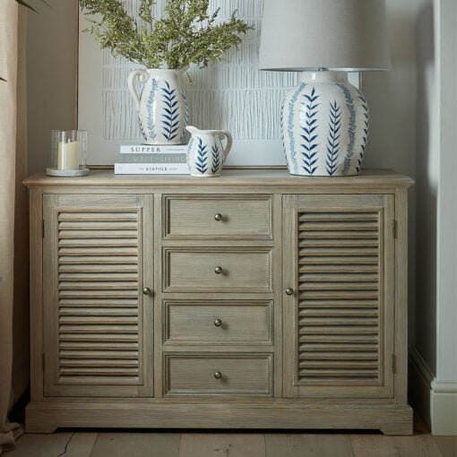 Hamptons Rustic Country Farmhouse 4 Drawer 2 Shutter Door Solid Light Wood Sideboard 122cm