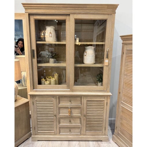 Hamptons Rustic Country Farmhouse Large 2 Part 2 Shutter Door 4 Drawer 2 Sliding Glass Door Solid Light Wood Display Cabinet Bookcase