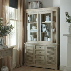 Hamptons Rustic Country Farmhouse Large 2 Part 2 Shutter Door 4 Drawer 2 Sliding Glass Door Solid Light Wood Display Cabinet Bookcase
