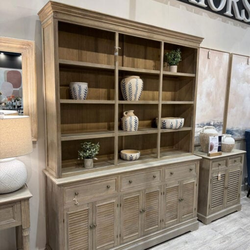 Hamptons Rustic Country Farmhouse Large 2 Part 6 Door 3 Drawer 4 Tier Solid Light Wood Display Cabinet Bookcase