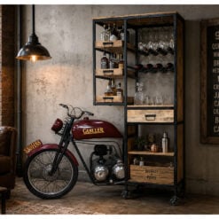 Industrial Novelty Mancave Half Motorbike Black Metal And Solid Wood Bar Drinks Display Cabinet 191cm