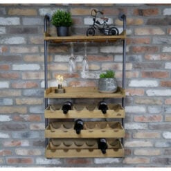 Industrial Rustic Solid Light Fir Wood And Black Metal Pipe Design 2 Open Shelves 3 Wine Crates Wall Shelving Unit 124cm