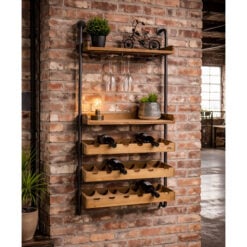 Industrial Rustic Solid Light Fir Wood And Black Metal Pipe Design 2 Open Shelves 3 Wine Crates Wall Shelving Unit 124cm