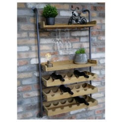 Industrial Rustic Solid Light Fir Wood And Black Metal Pipe Design 2 Open Shelves 3 Wine Crates Wall Shelving Unit 124cm