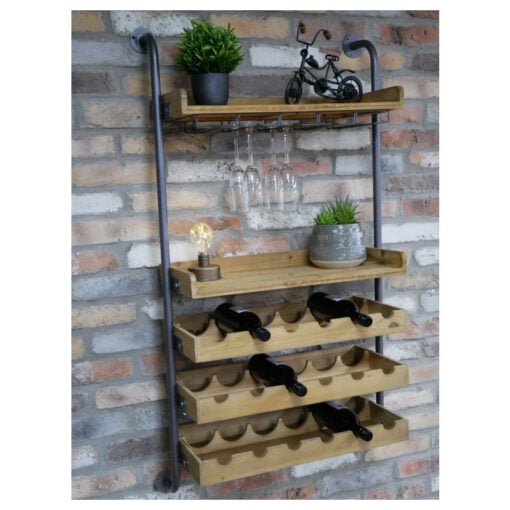 Industrial Rustic Solid Light Fir Wood And Black Metal Pipe Design 2 Open Shelves 3 Wine Crates Wall Shelving Unit 124cm