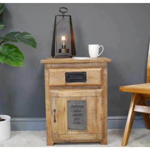 Industrial Rustic Solid Light Mango Wood And Black Metal 1 Drawer 1 Door Bedside Cabinet