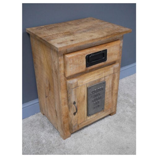 Industrial Rustic Solid Light Mango Wood And Black Metal 1 Drawer 1 Door Bedside Cabinet