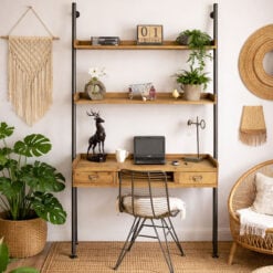 Industrial Solid Light Wood And Silver Metal 2 Drawer 2 Shelf Wall Mounted Ladder Style Desk