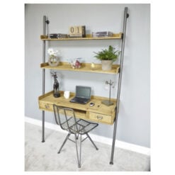 Industrial Solid Light Wood And Silver Metal 2 Drawer 2 Shelf Wall Mounted Ladder Style Desk