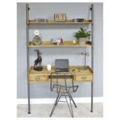 Industrial Solid Light Wood And Silver Metal 2 Drawer 2 Shelf Wall Mounted Ladder Style Desk