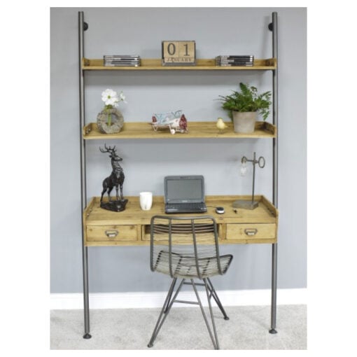 Industrial Solid Light Wood And Silver Metal 2 Drawer 2 Shelf Wall Mounted Ladder Style Desk