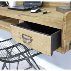 Industrial Solid Light Wood And Silver Metal 2 Drawer 2 Shelf Wall Mounted Ladder Style Desk
