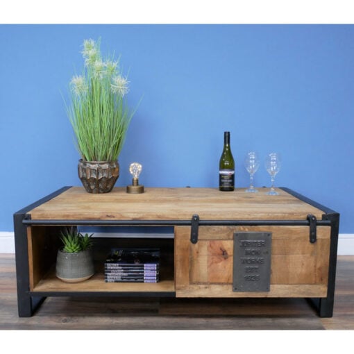 Industrial Solid Mango Wood And Black Metal 2 Tier 1 Sliding Door Large Coffee Table 120cm