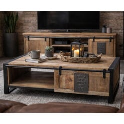 Industrial Solid Mango Wood And Black Metal 2 Tier 1 Sliding Door Large Coffee Table 120cm
