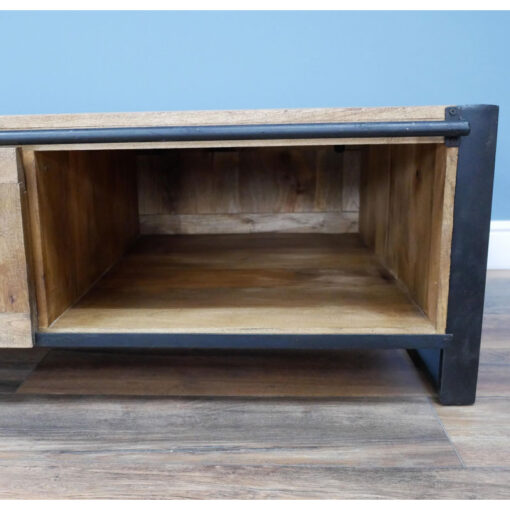 Industrial Solid Mango Wood And Black Metal 2 Tier 1 Sliding Door Large Coffee Table 120cm