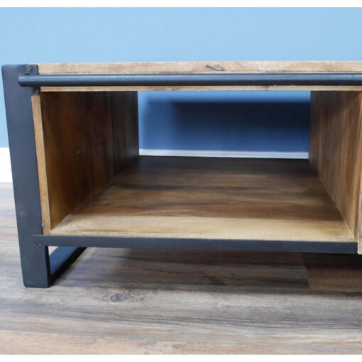 Industrial Solid Mango Wood And Black Metal 2 Tier 1 Sliding Door Large Coffee Table 120cm