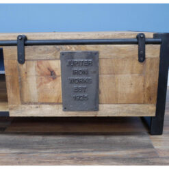 Industrial Solid Mango Wood And Black Metal 2 Tier 1 Sliding Door Large Coffee Table 120cm